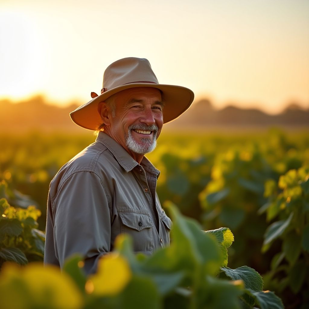 Emprendimiento agrícola sonriendo en su campo