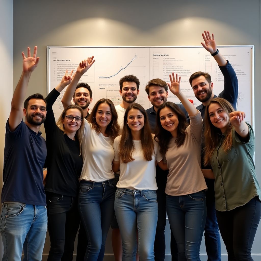 Equipo de una startup tecnológica celebrando en su oficina